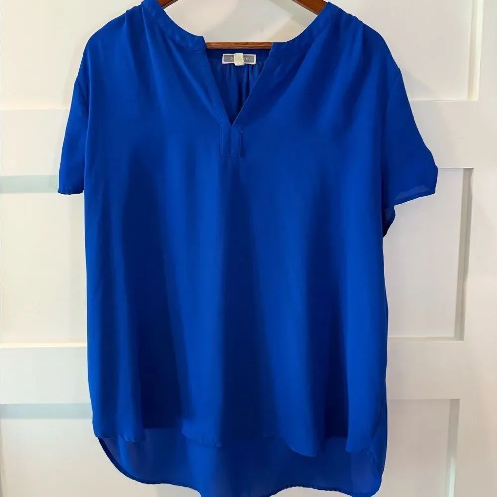 Pleione Brilliant Blue V-neck Blouse with rounded hem